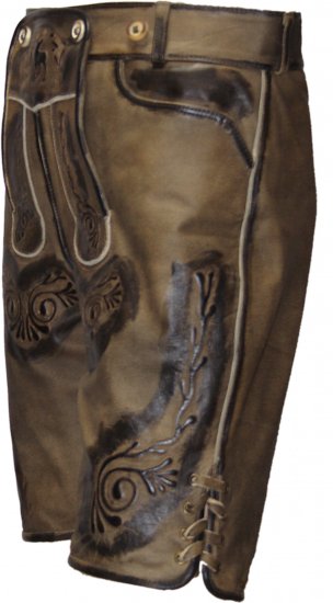 617BKbb- kurze Trachtenlederhose mit Stegträger Plattlerhose Lederhose im Used-Look beige 46
