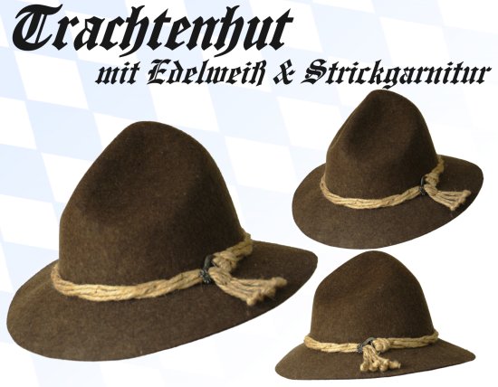 Trachtenhut in braun mit Strick-Kordel und Edelweiß