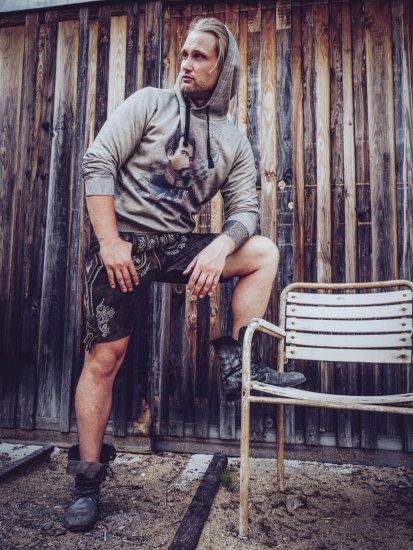 kurze Trachtenlederhose bestickt Gürtel mit bayrischen Rautendruck Plattlerhose