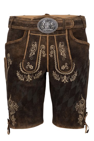kurze Trachtenlederhose bestickt Gürtel mit bayrischen Rautendruck Plattlerhose